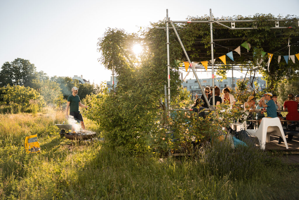 Die mit Wildrosen und Weinreben bewachsene Pergola lädt zum geselligen Beisammensein ein. Binding Anerkennungspreis 2025. © Stefanie Würsch