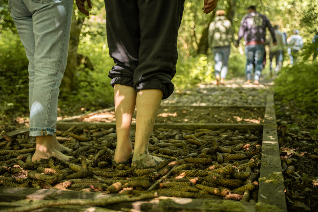Der Barfuss-Rundgang über Äste, Steine und Tannzapfen belebt die Sinne und tut den Füssen gut. Binding Preis für Biodiversität 2025 © Stefanie Würsch