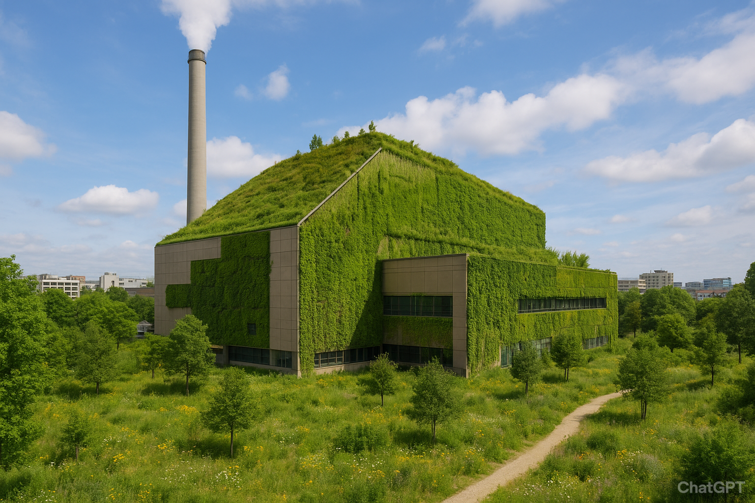 Kehreichtverbrennungsanlage mit Dach- und Fassadenbegrünung inmitten eines üppig bewachsenen Parks. Im Hintergrund sind Häuser zu sehen.